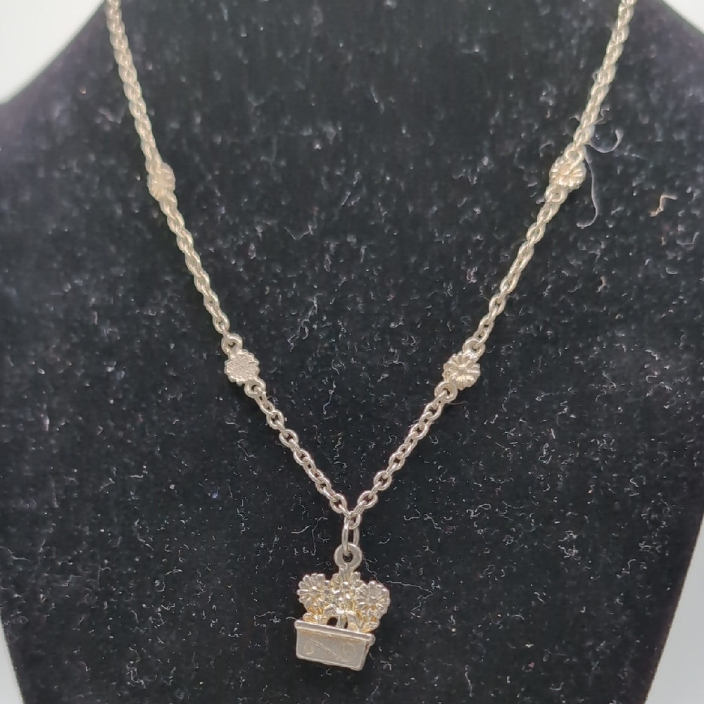 Flower Pot Pendant Silver-tone Necklace